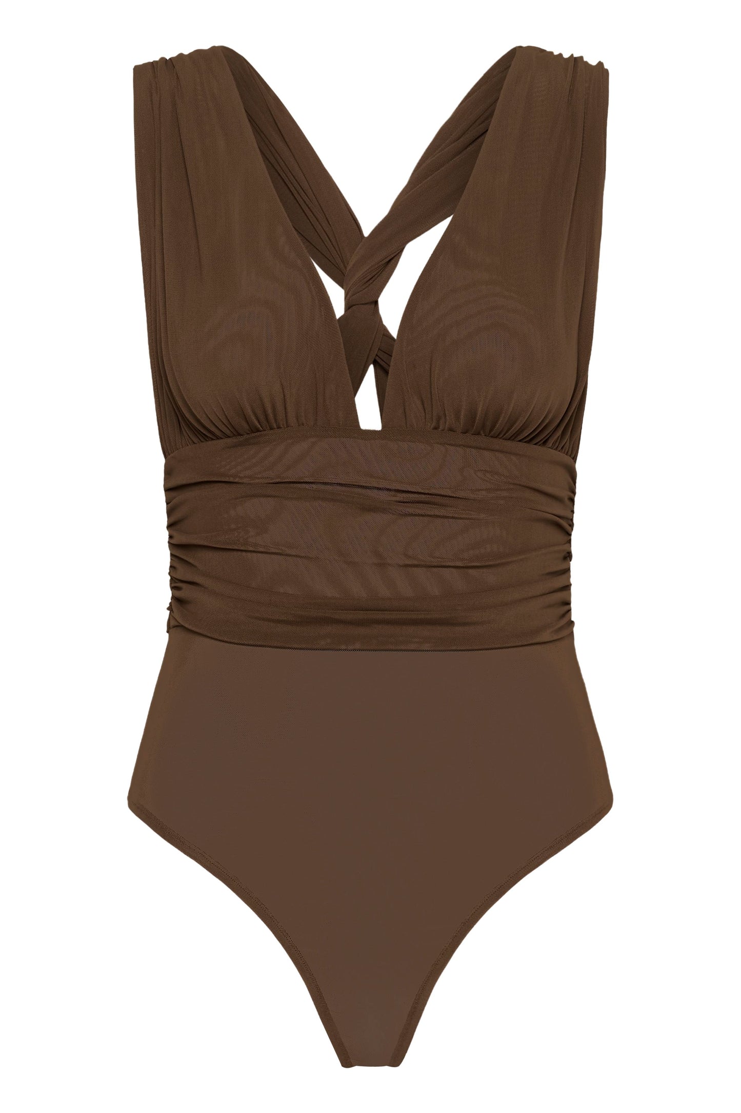Samera Bodysuit von Gestuz in Schokoladenbraun – tiefer V-Ausschnitt, gerafftes Dekolleté und breite Taillenbande, Frontansicht
