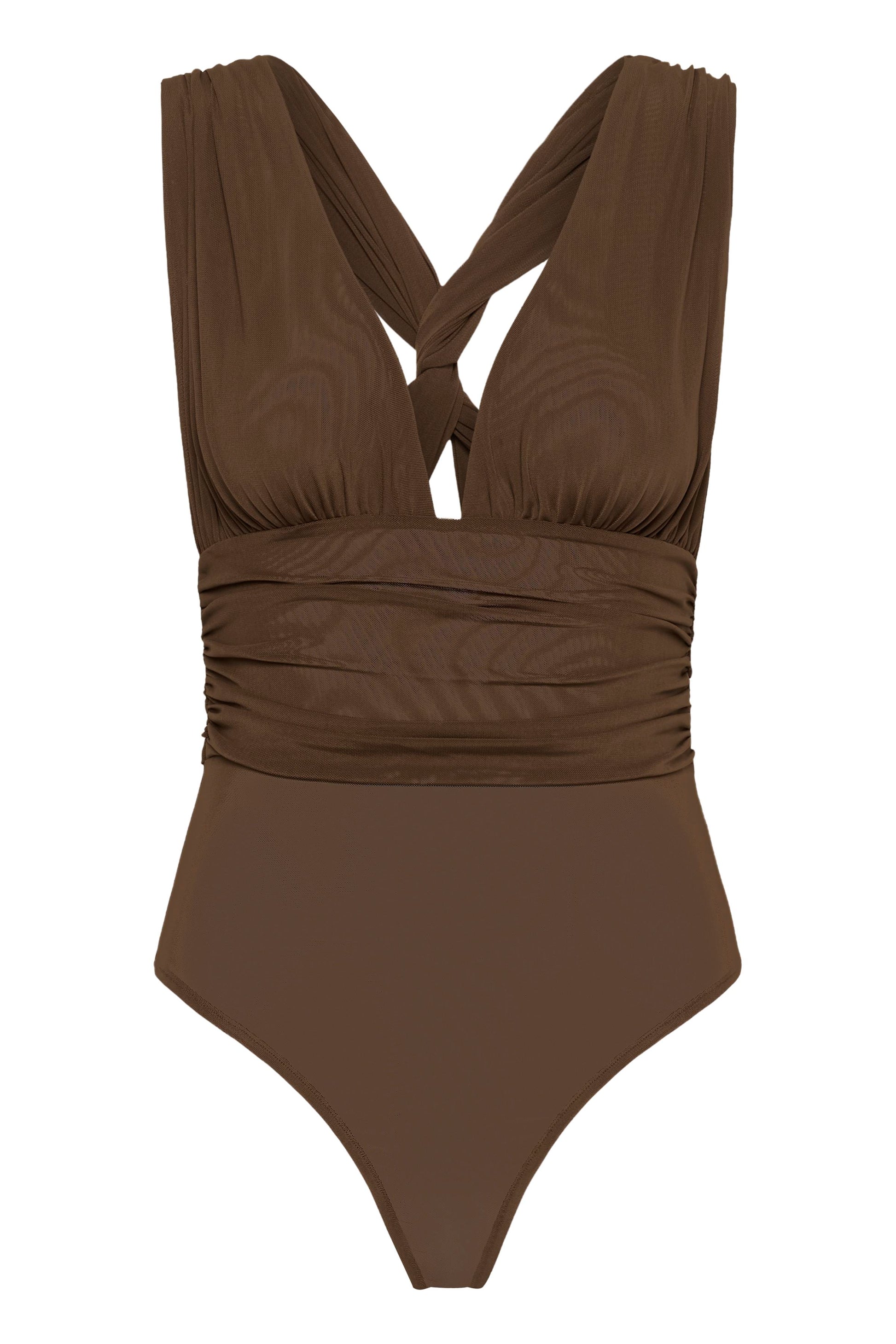 Samera Bodysuit von Gestuz in Schokoladenbraun – tiefer V-Ausschnitt, gerafftes Dekolleté und breite Taillenbande, Frontansicht