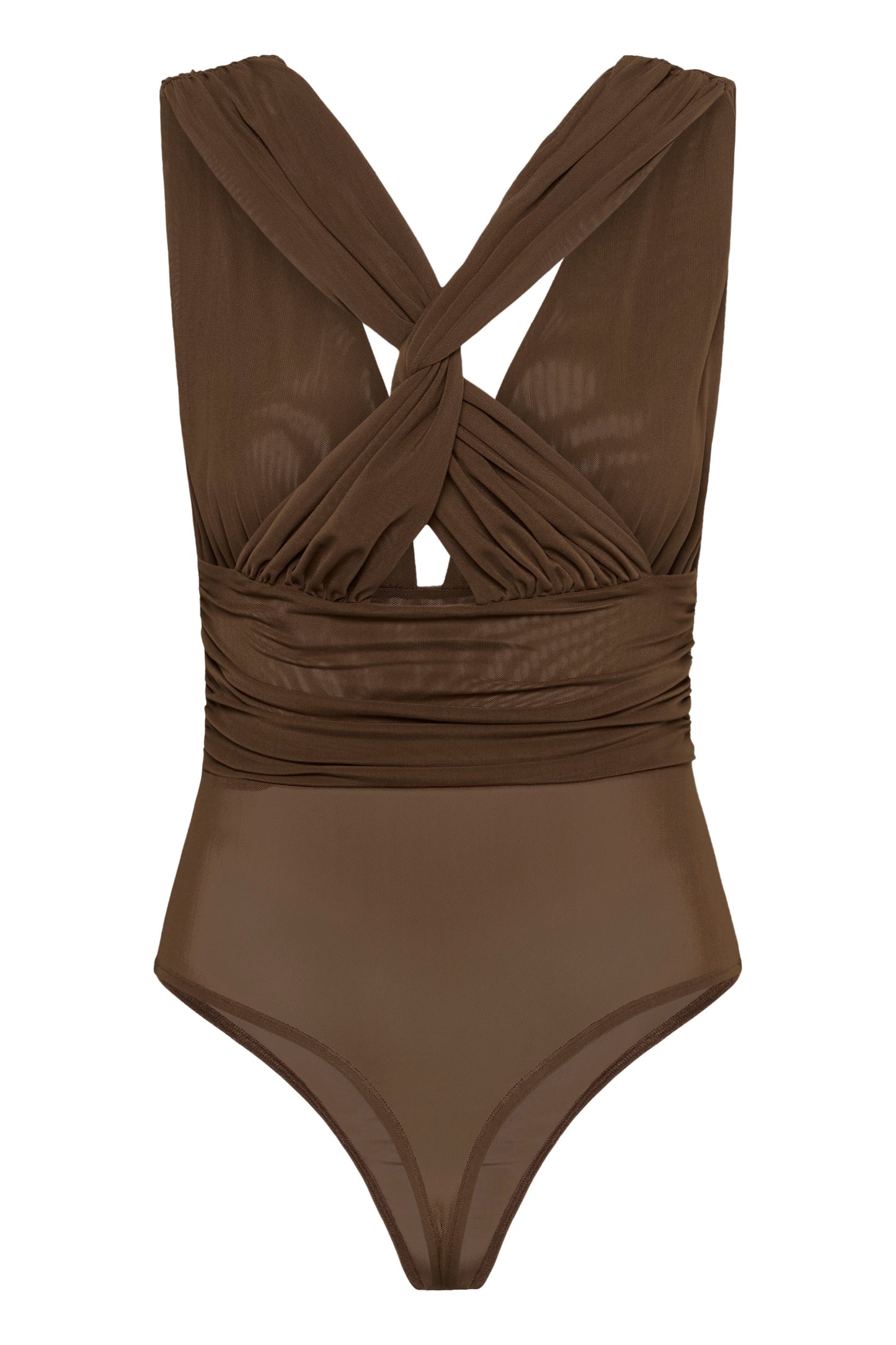 Samera Bodysuit von Gestuz in Schokoladenbraun – überkreuzte Träger im Rücken, Rückansicht