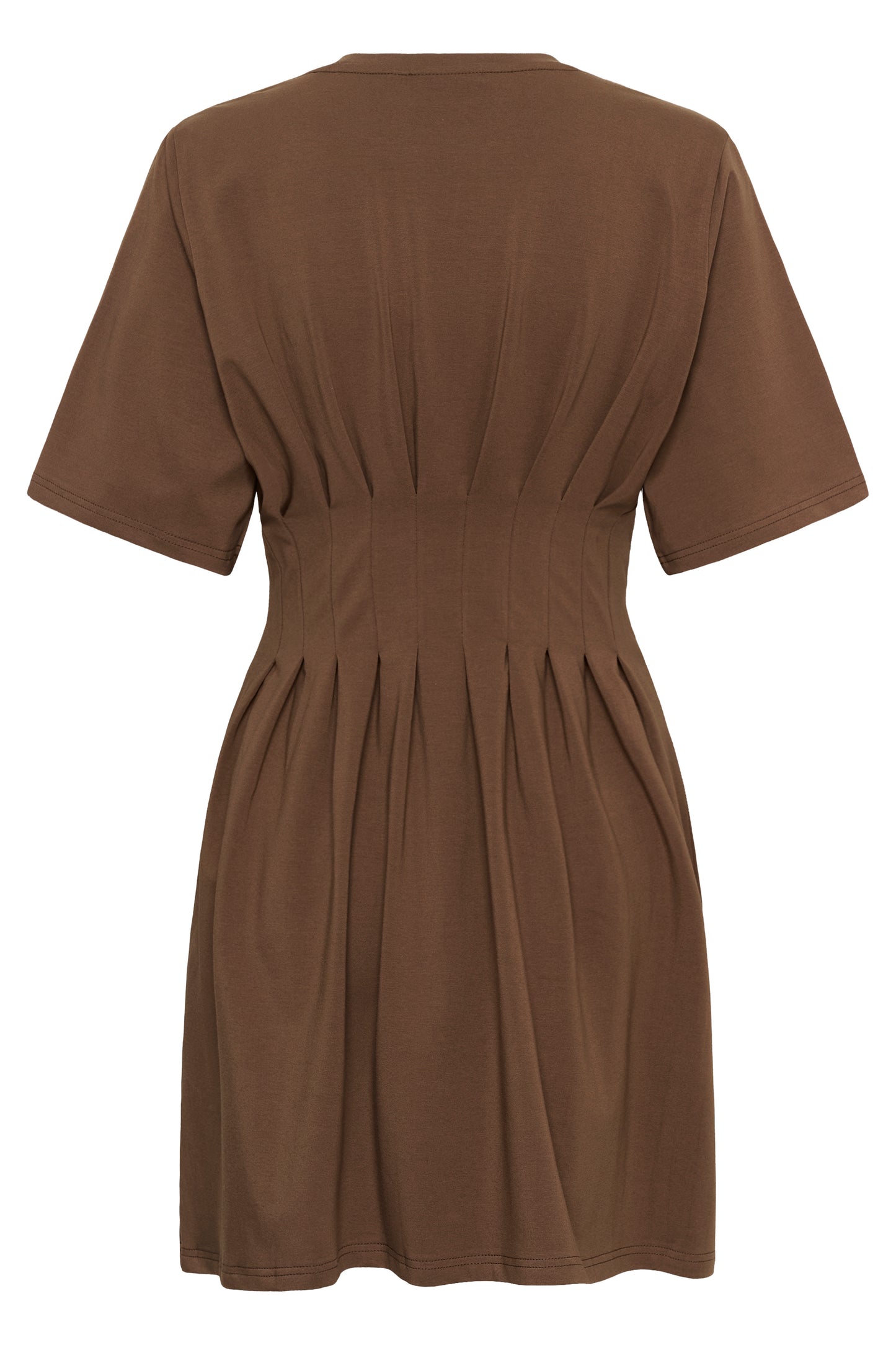 Inez Short Dress von Gestuz in Schokoladenbraun – Rückansicht, ausgestellter Rock mit Faltendetails