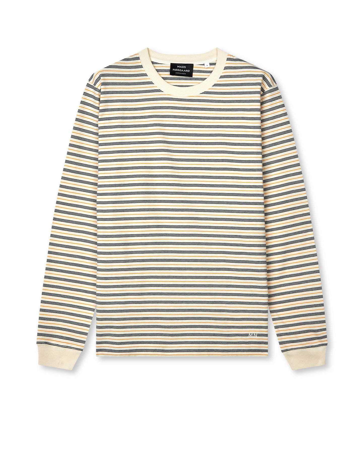 Mads Nørgaard Cotton Jersey Stripe Frode Longsleeve – Freisteller, Multicolor-Streifen Creme/Navy/Gelb/Orange mit Rippbund