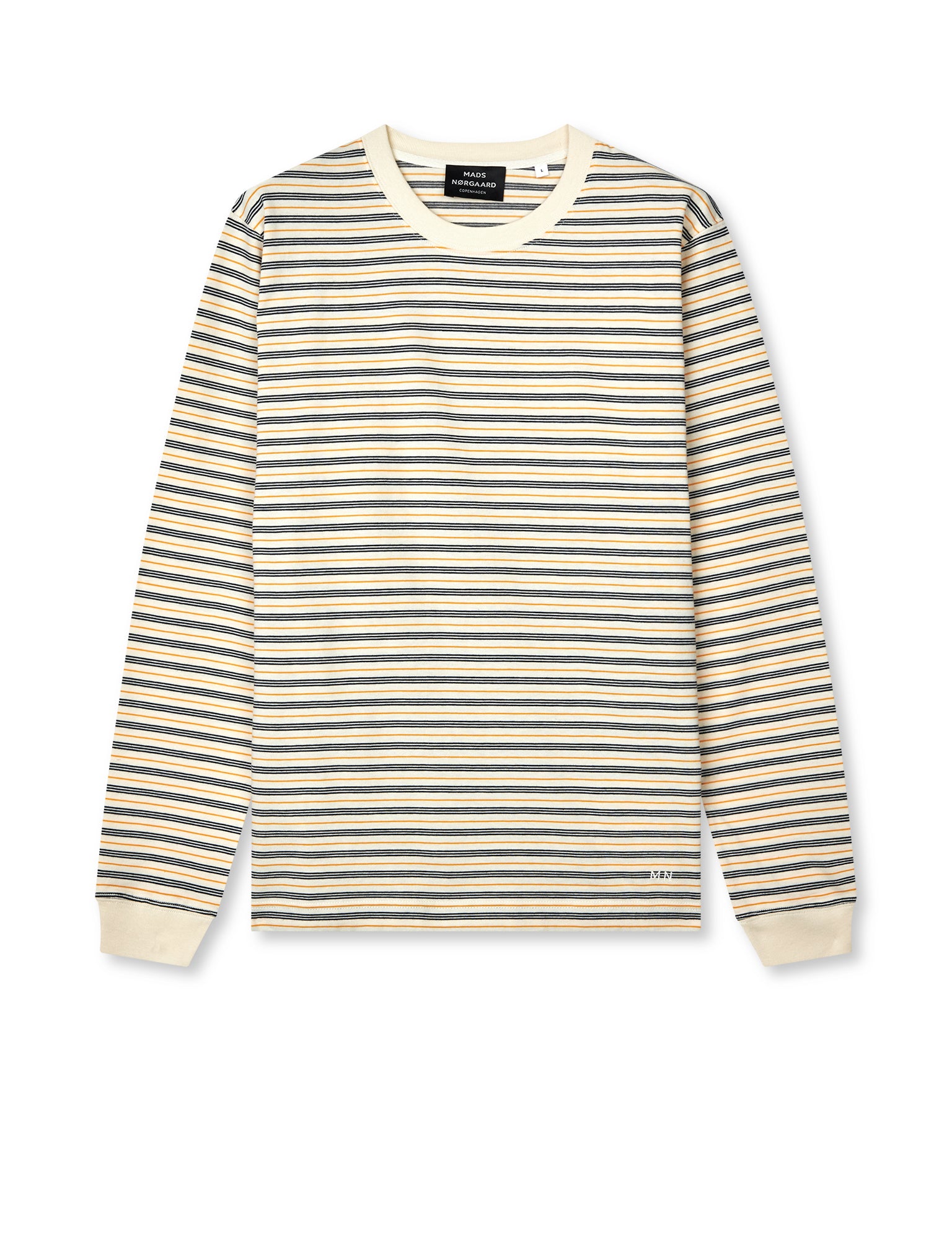 Mads Nørgaard Cotton Jersey Stripe Frode Longsleeve – Freisteller, Multicolor-Streifen Creme/Navy/Gelb/Orange mit Rippbund