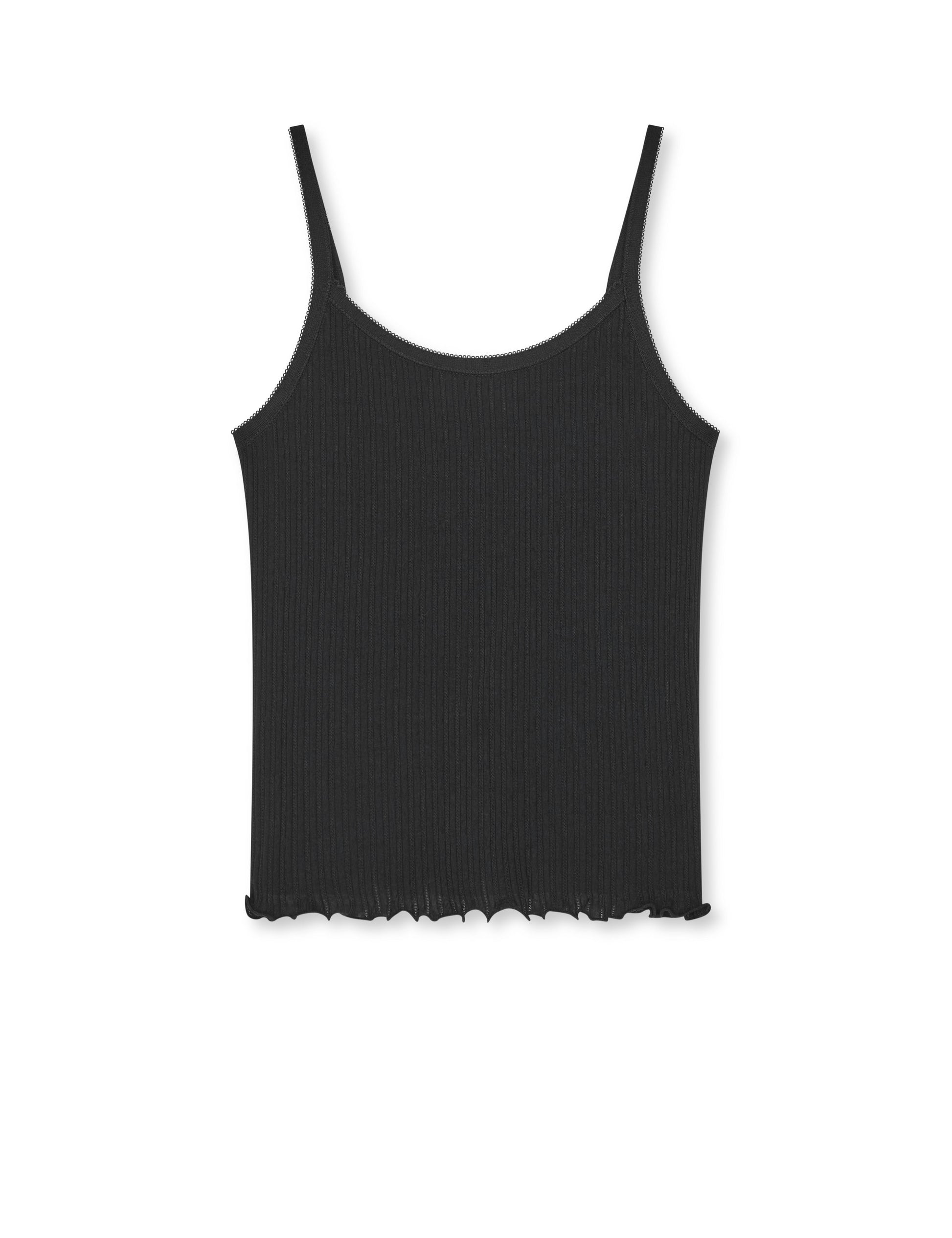 Pointella Tralla Top von Mads Nørgaard in Schwarz – Tank Top mit Pointelle-Struktur, schmalen Trägern und Rüschensaum, Frontansicht