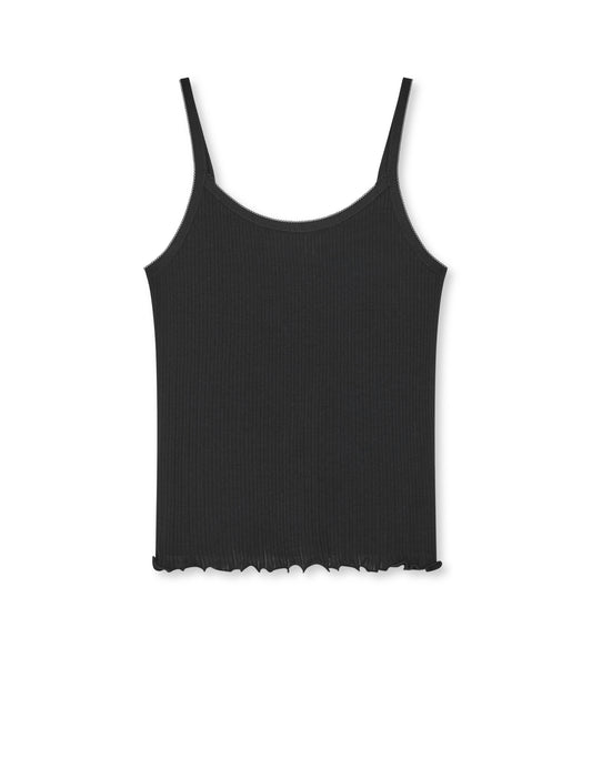 Pointella Tralla Top von Mads Nørgaard in Schwarz – Tank Top mit Pointelle-Struktur, schmalen Trägern und Rüschensaum, Frontansicht