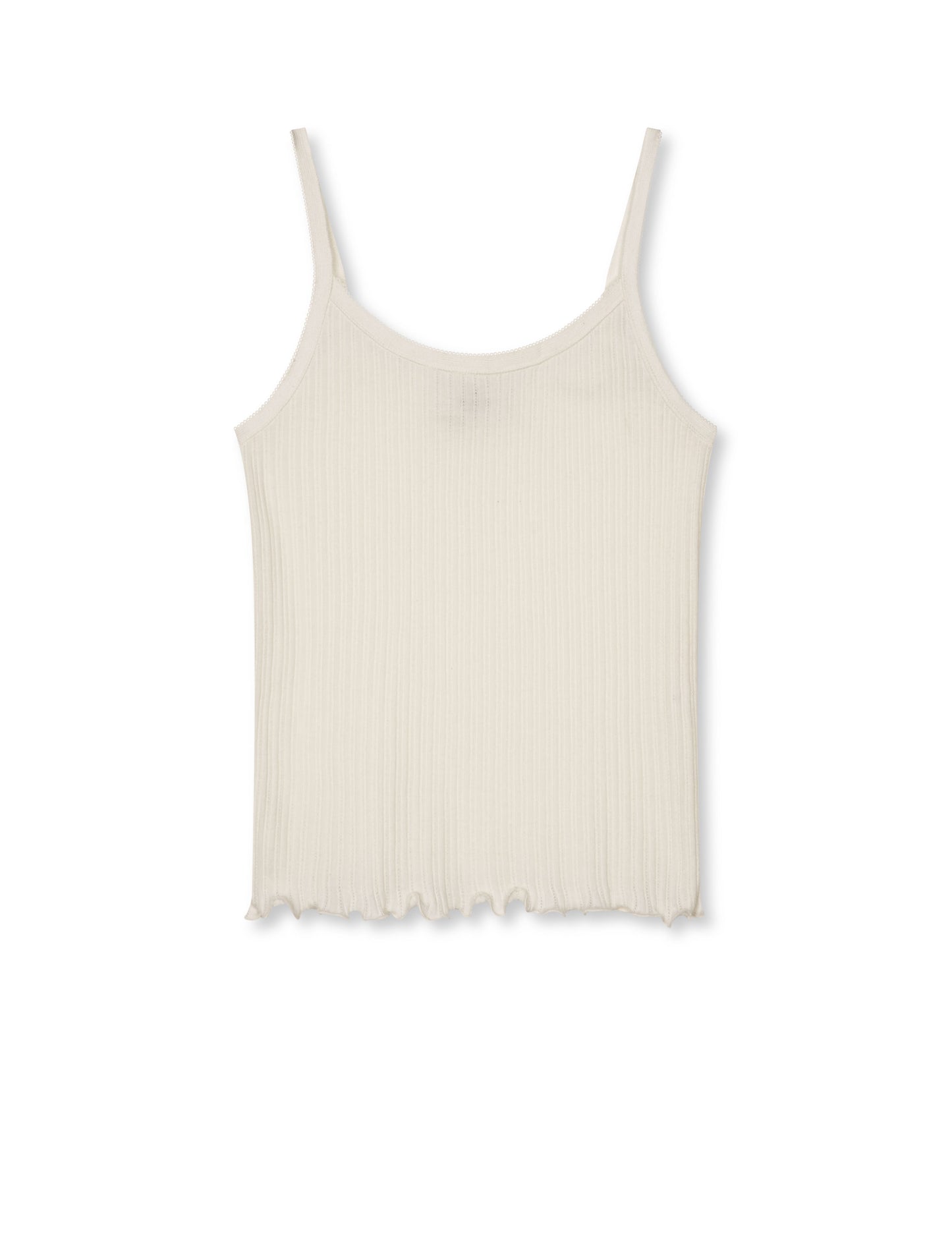 Pointella Tralla Top von Mads Nørgaard in Vanilla Ice – Tank Top mit Pointelle-Struktur, schmalen Trägern und Rüschensaum, Frontansicht